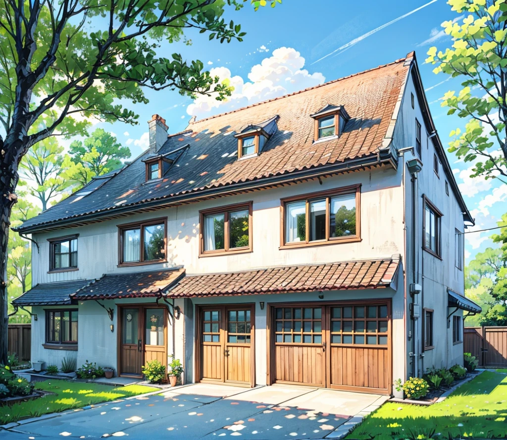 English house with garage in the side. Big windows 