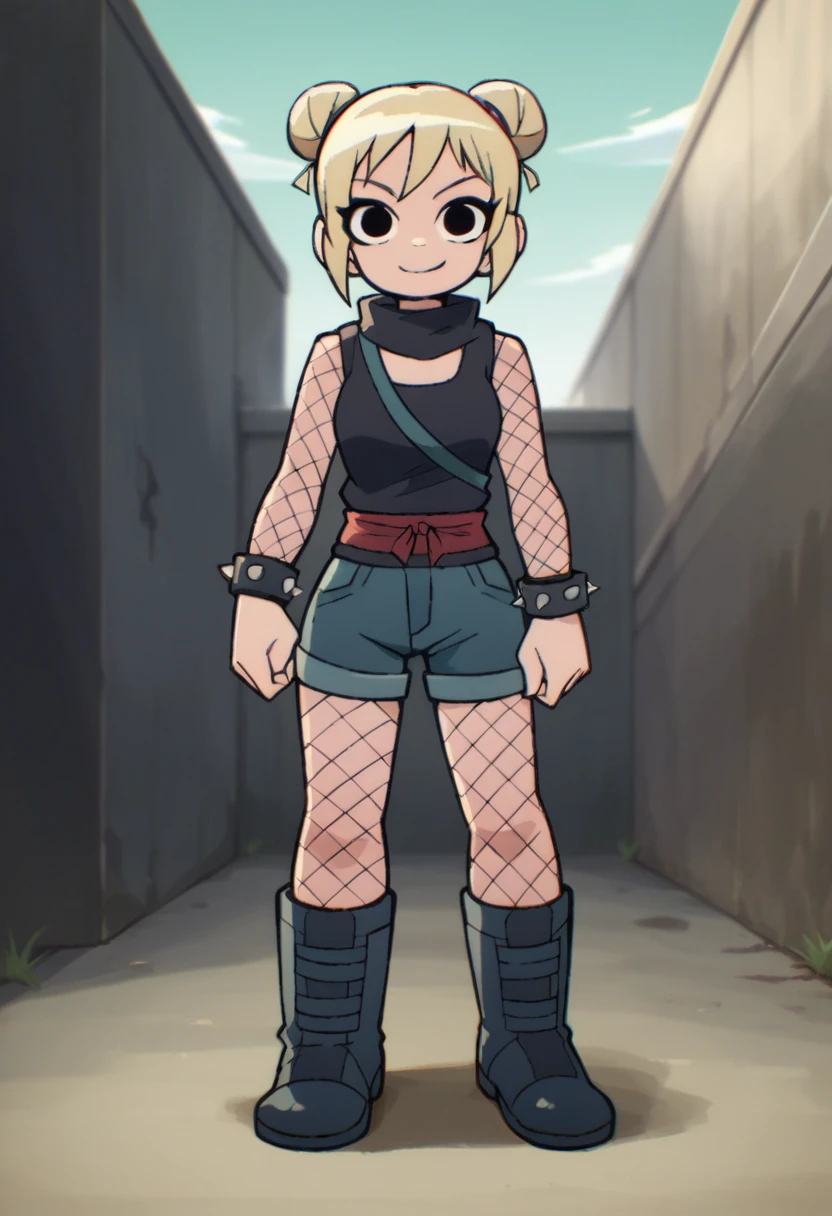 roxiesp, 1girl, solo,smile,  short hair, blonde hair, looking at viewer, ninja, spiked bracelet, black eyes,shorts,  fishnets,double bun,boots,  looking at viewer, outdoors, score_9, score_8_up, score_7_up, score_6_up standing,