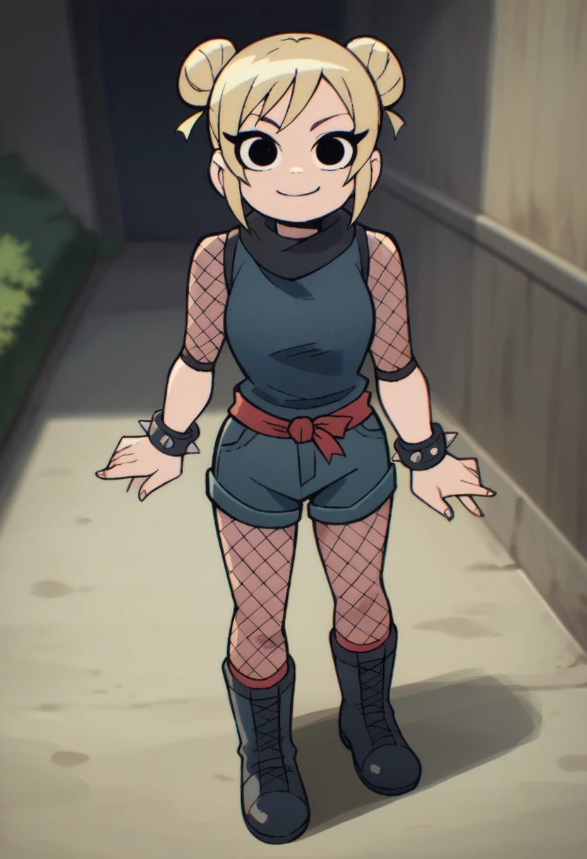 roxiesp, 1girl, solo,smile,  short hair, blonde hair, looking at viewer, ninja, spiked bracelet, black eyes,shorts,  fishnets,double bun,boots,  looking at viewer, outdoors, score_9, score_8_up, score_7_up, score_6_up standing,