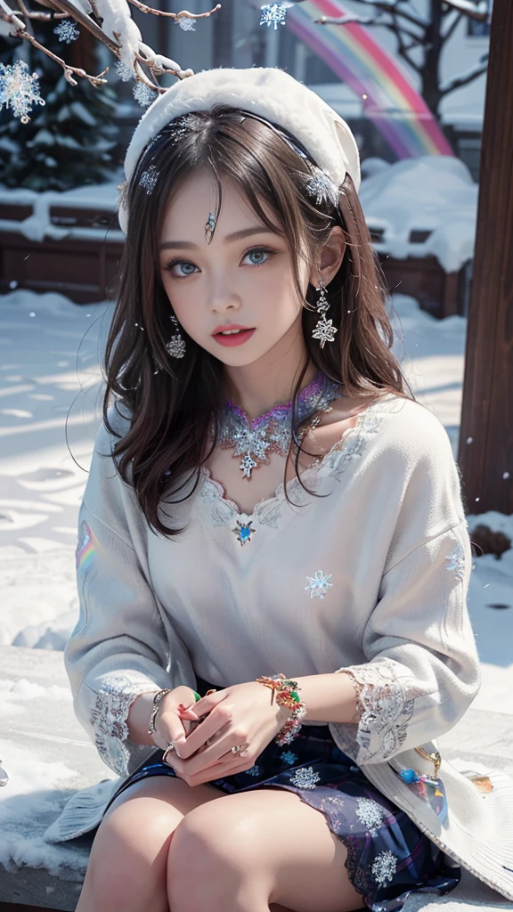 8K, masterpiece, 1 girl, Pretty Face, Very long hair, Light makeup, Delicate eyes, Delicate lips, Small bust, Winter Clothing, Rainbow Skirt, (Wearing Jewelry:1.8), (Rainbow Lace:1.4), ((Snowflakes falling:1.4)), sit,