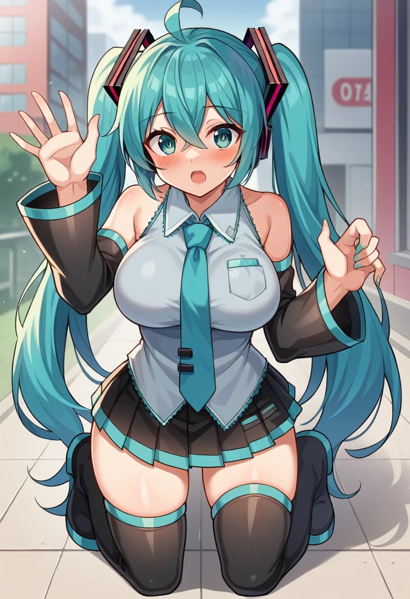 hatsunemiku, miku hatsune, ahoge, aqua eyes, aqua hair, crossed bangs, hair between eyes, hair ornament, headphones, long hair, twintails, BREAK aqua necktie, black footwear, black skirt, black sleeves, boots, collared shirt, detached sleeves, grey shirt, necktie, pleated skirt, shirt, skirt, sleeveless, sleeveless shirt, thigh boots, tie clip, BREAK looking at viewer, BREAK outdoors, city, BREAK (masterpiece:1.2), best quality, high resolution, unity 8k wallpaper, (illustration:0.8), (beautiful detailed eyes:1.6), extremely detailed face, perfect lighting, extremely detailed CG, (perfect hands, perfect anatomy), Get blush, ((pink heart shaped eyes)), Used big condom hold in mouth, Spread legs wide, (((semen overflowing from the vagina))), ((Open your pussy with the fingers of both hands)), NSFW, no mosaic, (((Girl trembling with sexual climax))), Ahegao. (((Above rolling her eyes))). (((Girl trembling with sexual climax))). Big breasts,