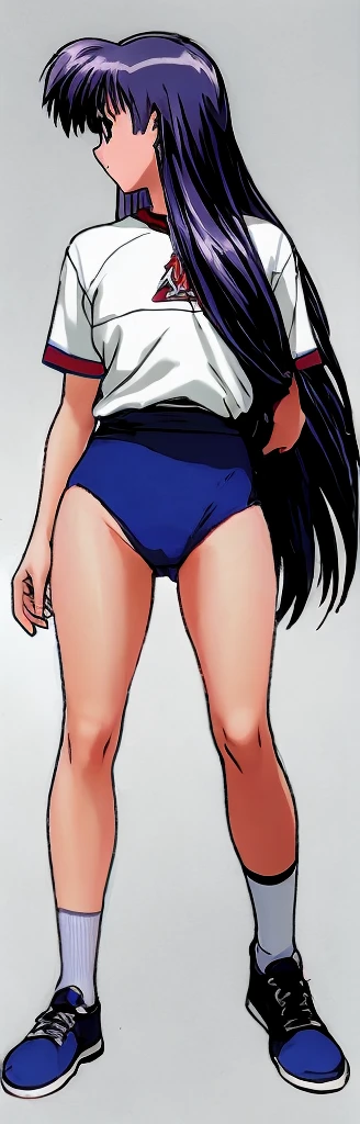 Miyanoshita Satsuki, a beautiful-legged, black-haired woman, stands in a white gym uniform and light navy blue bloomers that look like panties.。