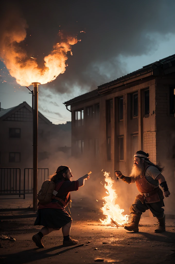 A dwarf setting fire to the school and running away