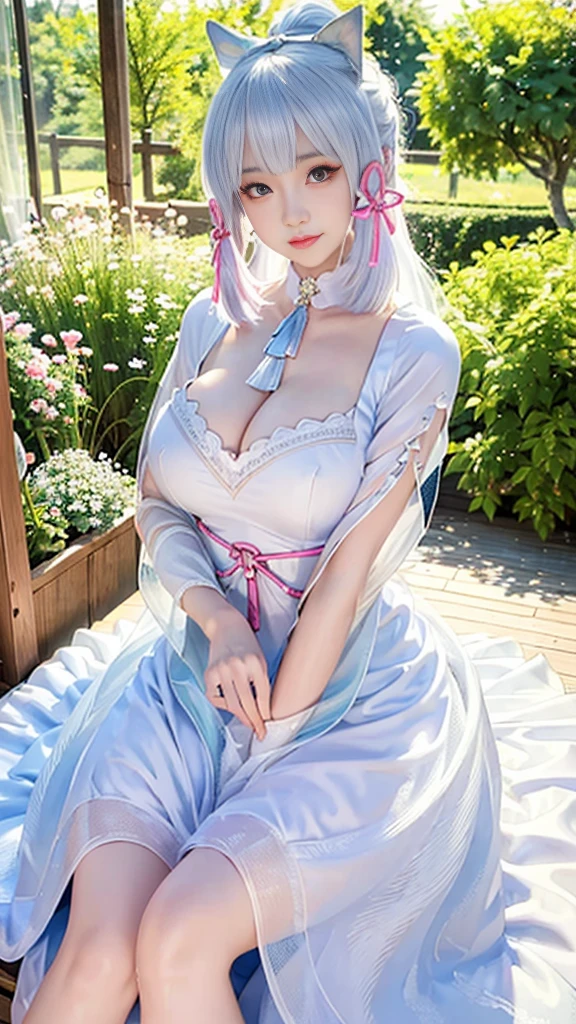 Realistically, high resolution, Soft Lighting, (Only 1 piece:1.5),(1 female 1:1.5), Huge breasts,Radiant skin, Delicate skin, Solitary, Lift your hips slightly, Just looking at the audience, Laugh happily,(Delicate face), White hair, High Ponytail,Pink hair accessories,Long white hair,blue eyes, Transparent tulle headband,The clothes are transparent,The background is the garden(Full of colorful roses)