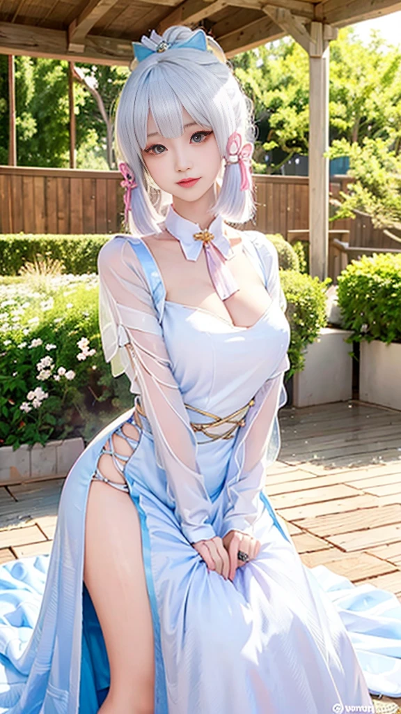Realistically, high resolution, Soft Lighting, (Only 1 piece:1.5),(1 female 1:1.5), Huge breasts,Radiant skin, Delicate skin, Solitary, Lift your hips slightly, Just looking at the audience, Laugh happily,(Delicate face), White hair, High Ponytail,Pink hair accessories,Long white hair,blue eyes, Transparent tulle headband,The clothes are transparent,The background is the garden(Full of colorful roses)