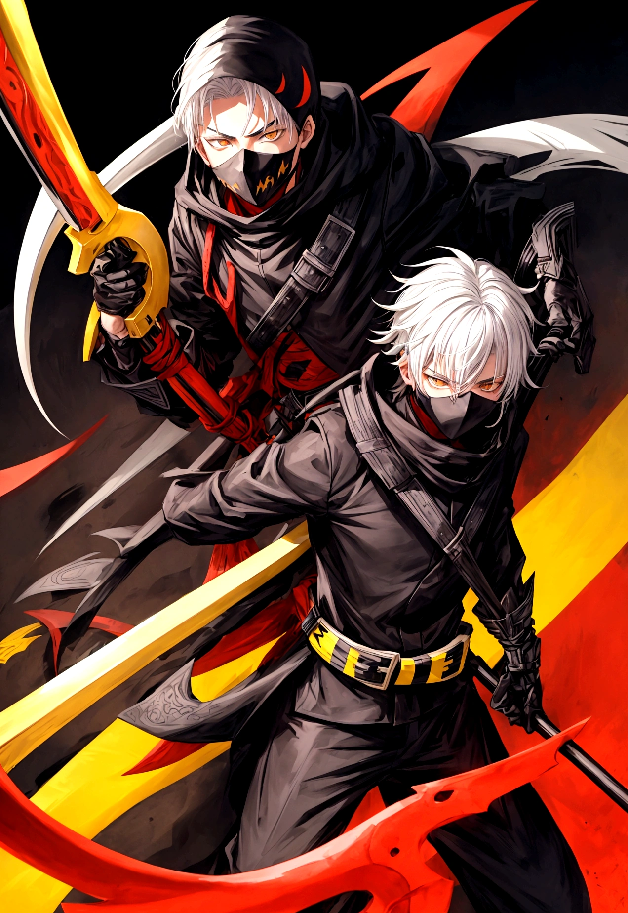 17 year old man with white hair, brown eyes, wearing a black ninja suit with yellow stripes with a red and black scythe and a mask that covers his mouth.