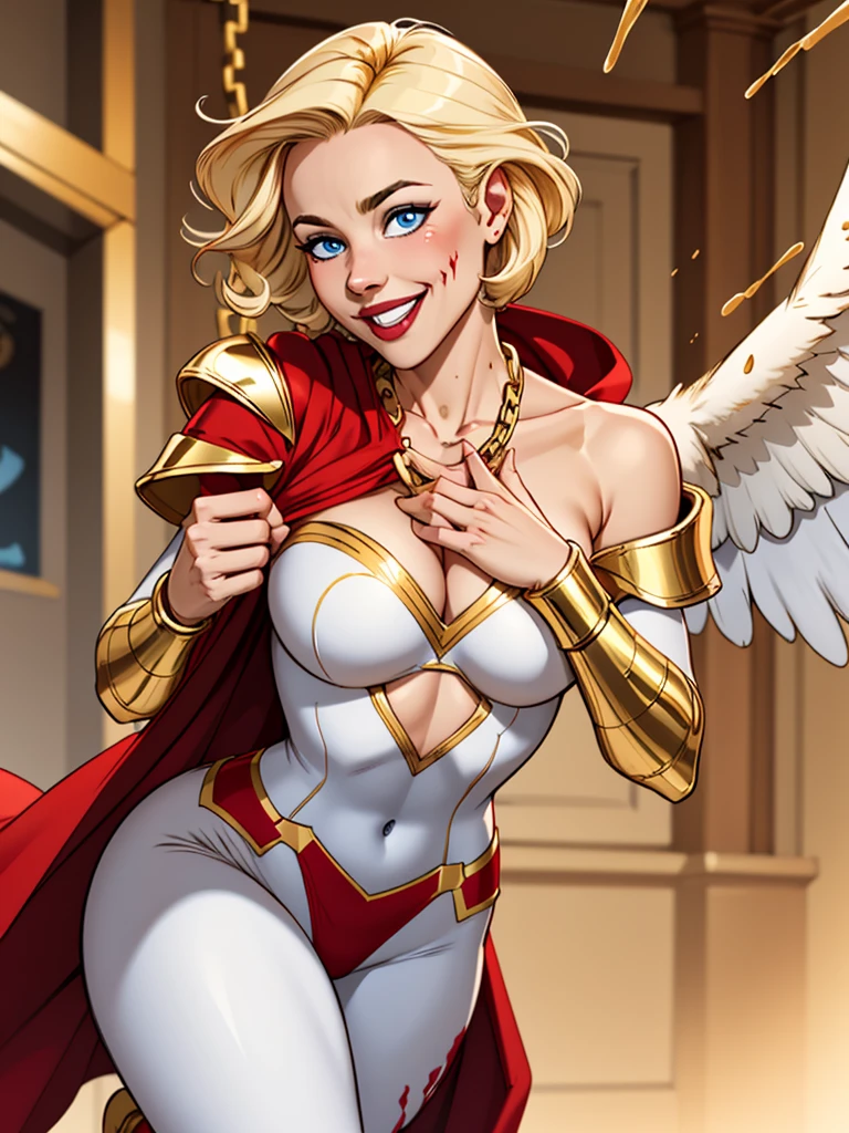 Young female, blonde with short hair, with big, bright blue eyes, wearing a blue costume, defined chest, wearing a golden shoulder pad in the shape of an eagle, with a golden chain running across his chest holding a red cape Smiling with blood splash on face and clothes Bad face, evil smile 