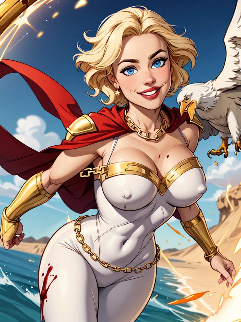 Young female, blonde with short hair, with big, bright blue eyes, wearing a white costume, defined chest, wearing a golden shoulder pad in the shape of an eagle, with a golden chain running across his chest holding a red cape Smiling with blood splash on face and clothes