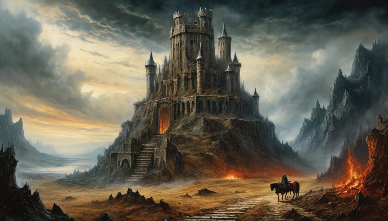 Highly detailed, UHD, 32k, medieval fantasy, Luis Royo style, heavy metal magazine cover, oil on canvas. Landscape, a demonic, ancient tower in a hellish scenery, reminiscent of babilonian architecture