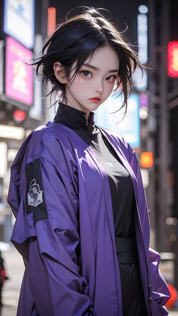(Highest quality:1.2)。One Woman。Angry expression。(Wearing a purple jacket cyberpunk coustem)。()。The background is a black。(full face ) short hair