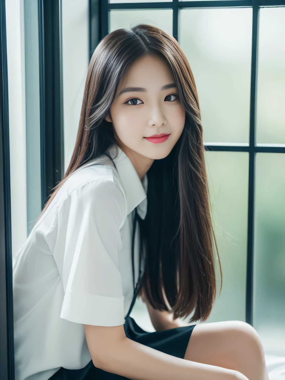 ((top-quality, 8K, ​masterpiece:1.3)), beautiful Girl, pure, Melon face, gentle and cute, A sweet smile, pure lust, slender figure, (The upper part of the body), (frontage), (tilted head), Look directly at the camera, Uniforms, white shirt, blue skirt, obi, Formal, Black silky long straight hair, long hair flowing over the shoulders, round black big eyes, clear big eyes, Wet red lips, Dolce, sitting on bed,  Window sill background, Random body orientation,