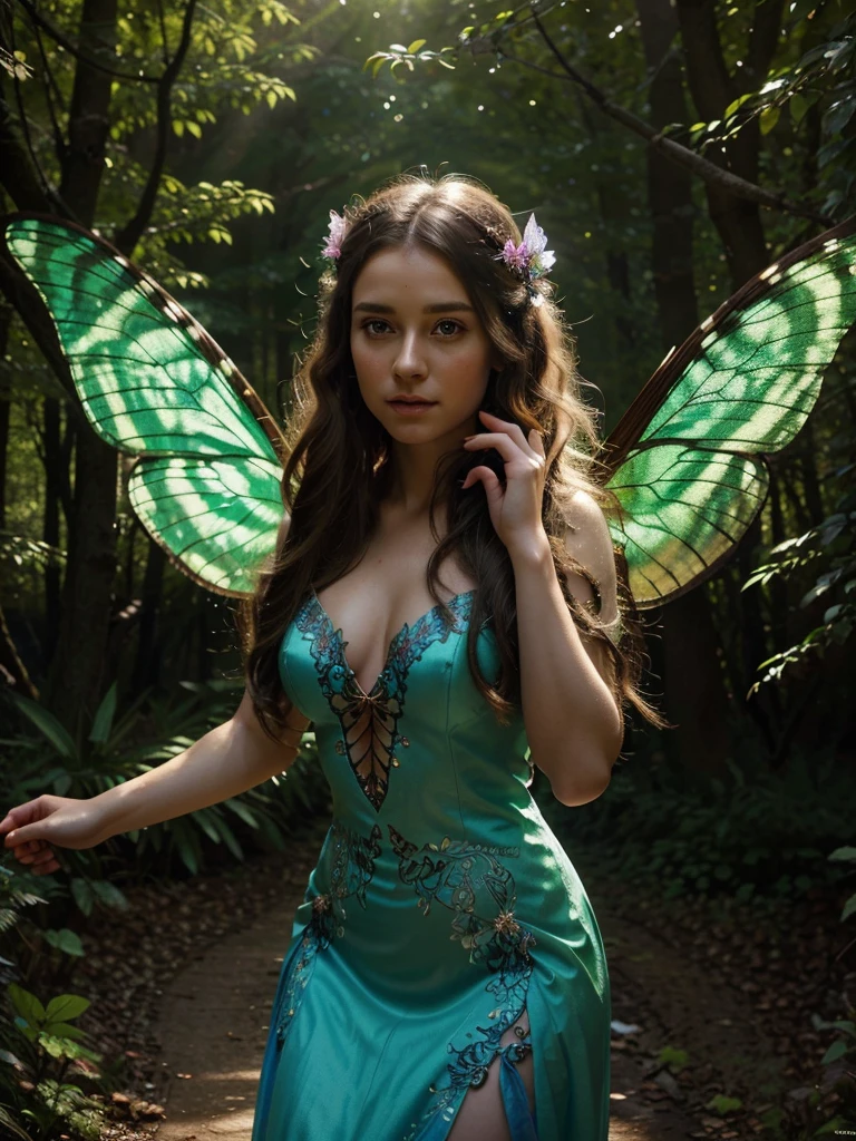 a beautiful fairy in a magical forest,1girl,detailed face and eyes,long flowing hair,detailed dress,glowing magical aura,detailed butterfly wings,detailed forest background,best quality,8k,photorealistic,masterpiece,cinematic lighting,vibrant colors,fantasy art