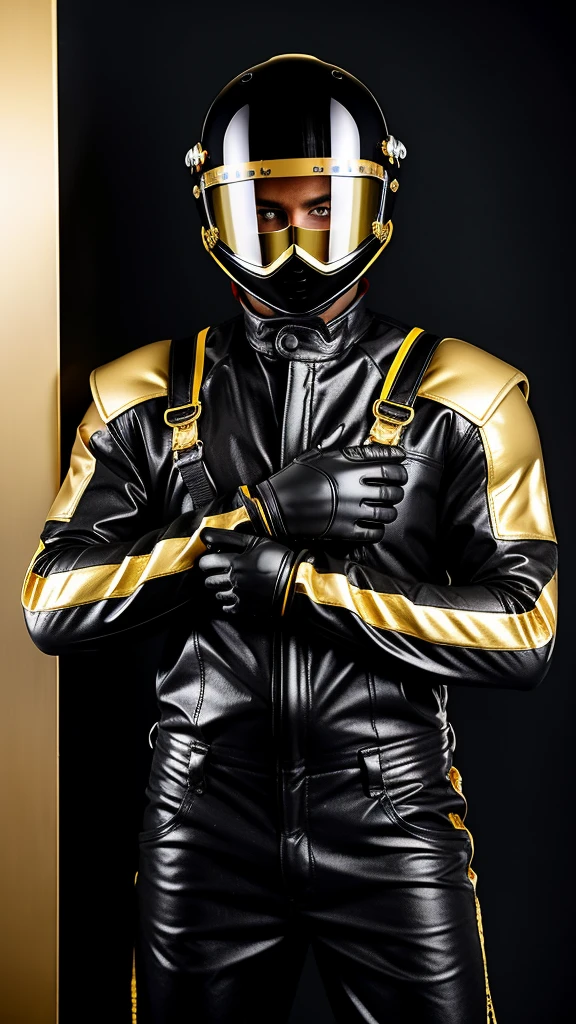 A avatar of a tall man, a misterious racer, stands trusting in a black racing helmet, adorned with gleaming gold accents, paired with sleek black overalls with a gold vertical stripes and vibrant black gloves, striking a right arm lifted up pose, exuding confidence. in a neutral background. High Quality, Realistic (Helmet)