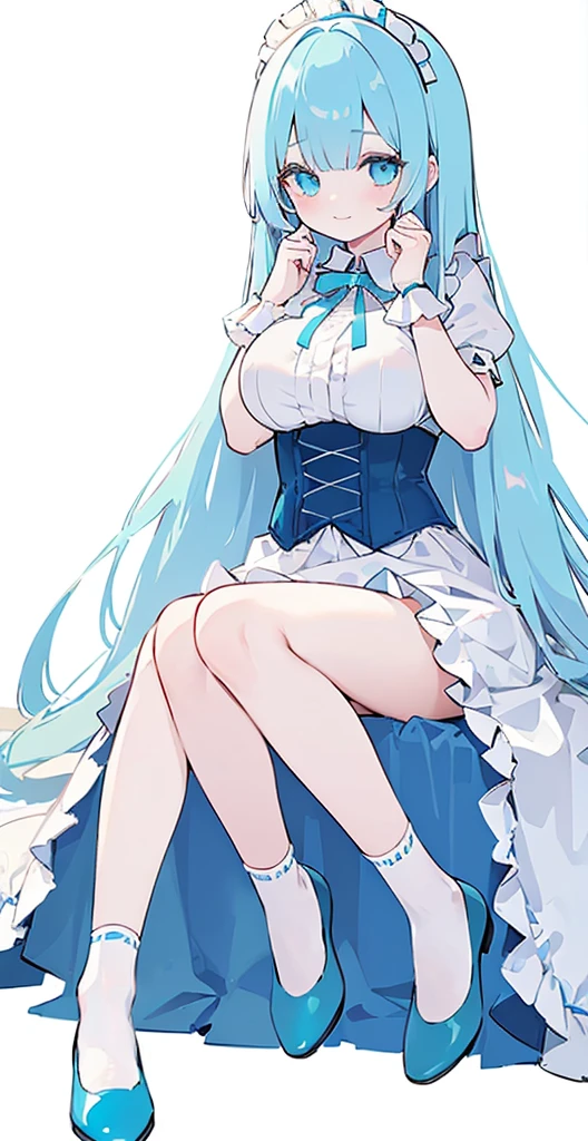 (long beautiful blue hair) cyan eyes, (Eyes behind long bangs) big breasts, using accessories (using socks) perfect shiny beautiful cyan shoes (Wearing luxurious palace maid clothes Perfect perfect noble) Pose facing sideways (Girl1, straight hair not too long, bangs covering one eye, soft face, gentle smile) long hair, beautiful cyan eyes (Free pose, right hand down, left hand down, ((Free pose))smile kawai, (blank white background) Wearing a blue corset, (Using a beautiful bright blue ribbon) Kawai shy cute eyes (cyan colored shoes must be shiny, Must wear short white socks)