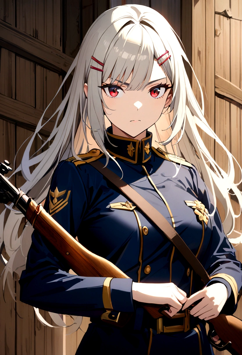 1girl, dark blue military uniform, grey blond hair, long hair, red Eyes, hairclip, wooden rifle, wall background