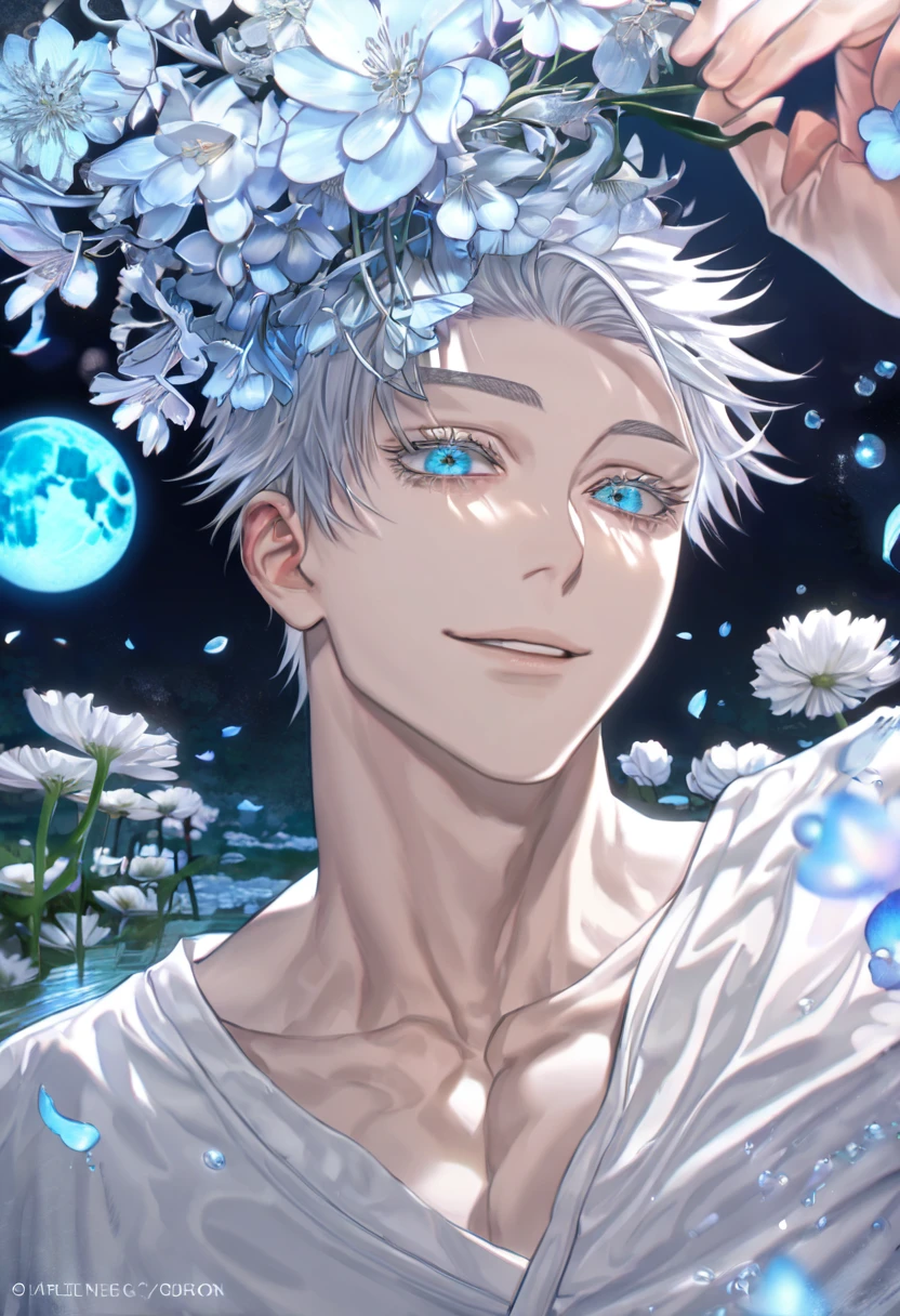 absurdres, highres, ultra detailed, HDR, master piece, Okkotsu Yuuta, white hair, white eyelashes, expressive blue eyes, Jujutsu Kaisen, sexy man, handsome, best quality, blue moon, flowers, fantasy, magical, solo, water, blue shining fireflies, blue petals, white shirt, black tight shirt, handsome smile, toned chest