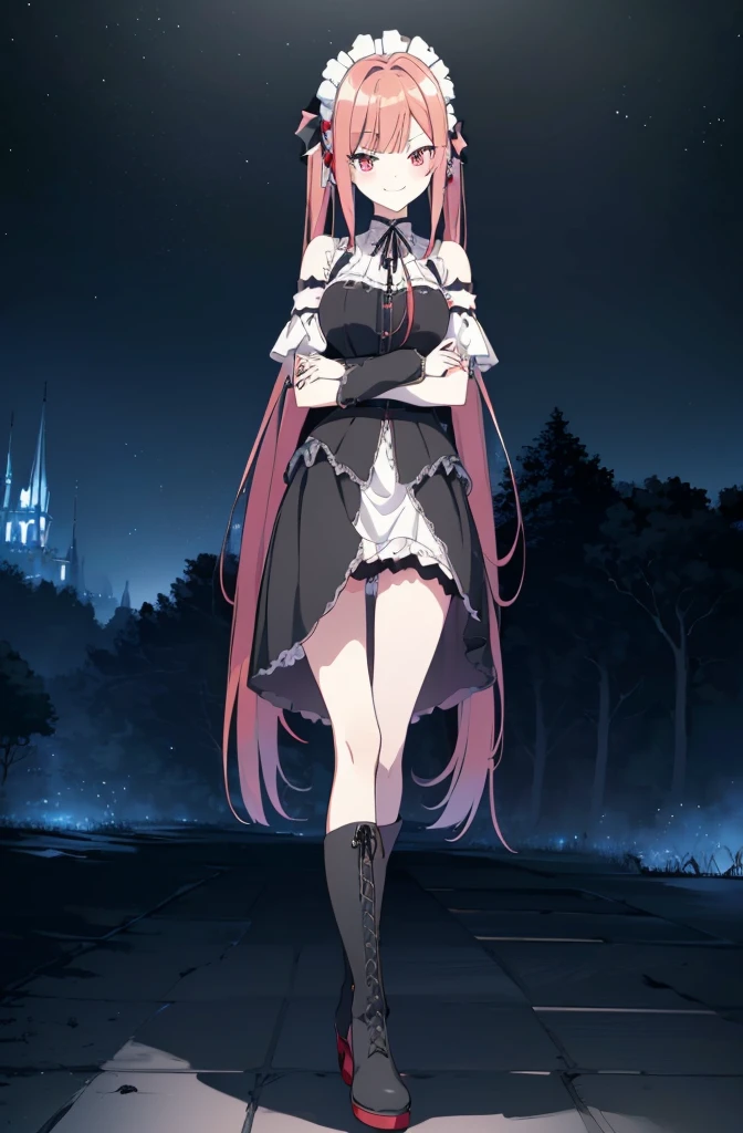 [(cathedral background:1.4)::5],original,(illustration:1.1),(best quality),(masterpiece:1.1),(extremely detailed CG unity 8k wallpaper:1.1), (colorful:0.9),(mid shot:0.95),(full body:1.5),Dynamic angle,(solo:1.2), (girl),((adult)), (detailed beautiful eyes:1.15), (beautiful face:1.15), (glowing red eyes:1.25////),((red medium hair)),(blunt bangs),(high twintails),(+perfect hand+:1.21),(Draw an illustration of a gothic girl),(Religious),(slender),(is wearing boots on her feet),((is wearing white maid clothes)),(furious), Lace Off-shoulder ta fashion,beautiful slender woman,((evil smile)),adult,thin legs,((red hair)),((mini skirt)),((mini skirt)),((black boots)),((black boots)),((black boots)),