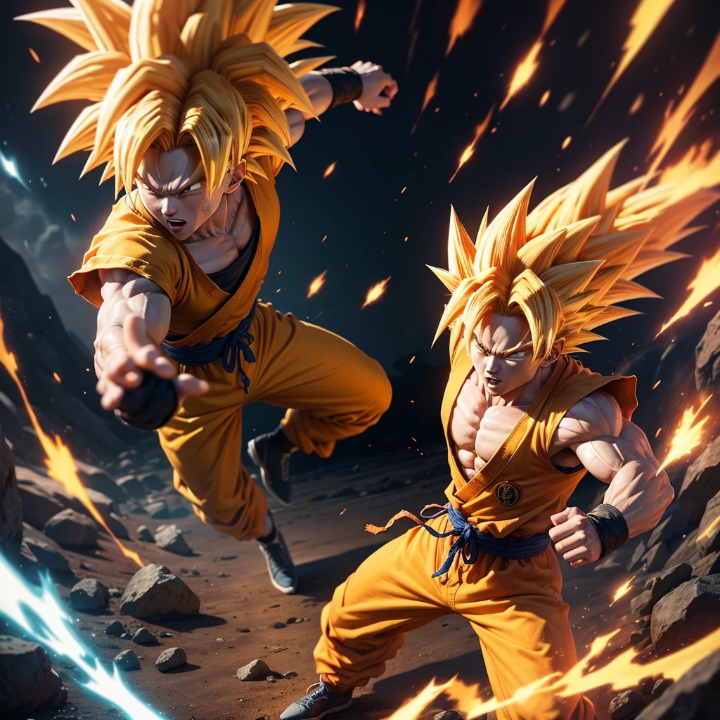 (ultra HD, super realistico) A super saiyan Goku in combat pose looking at the camera