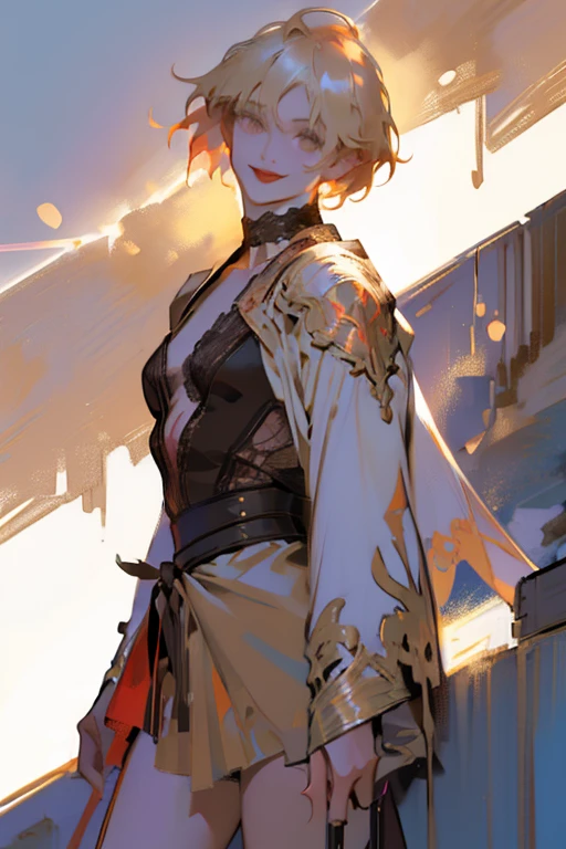 (rule of thirds),((ultra realistic illustration:1.2)),Athletic blonde woman, (short hair), tomboy, cute, ((smile)), Red lipstick, choker, robe, sheer lace bodysuit, high heels.Masterpiece, best quality,(highly detailed:1.2),(detailed face and eyes:1.2), 8k wallpaper, depth of field, natural lighting. core shadows, high contrast, bokeh.
