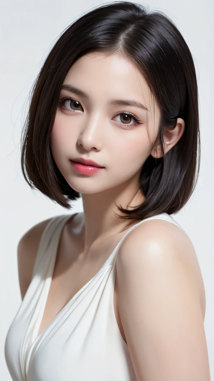 (((forehead、Short Bob、Northern Europe、White people、beautiful girl、Black Hair、White background、blouse、cute、Young、True Face、Shiny Hair)))、table top, highest quality, figure, super detailed, finely, High resolution, 8k wallpaper, Perfect dynamic composition, detailed and beautiful eyes, Deco out,bionde, breasts, Natural color lip,white background, random cute poses,