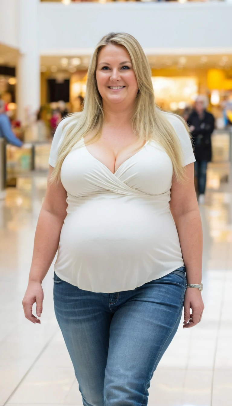 Fat woman, 40 years old white Caucasian wom walking inside mall, long straight blonde hair, big breasts, daily, casual, soft smile, elegant