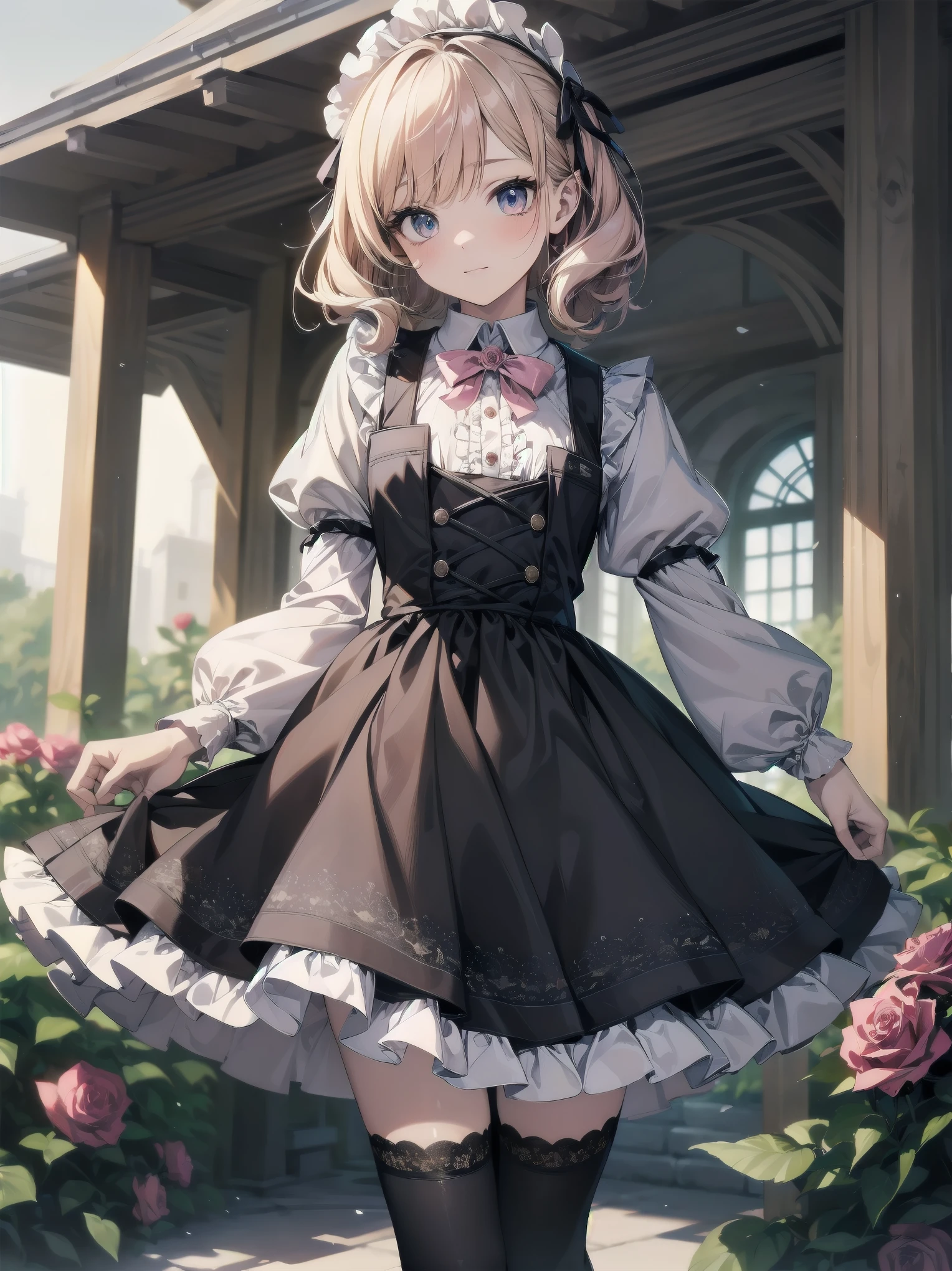 (Masterpiece: 1.2), (Best quality: 1.2), Superb resolution, Very detailed. BREAK. ((Anime girl in sweet lolita-inspired uniform)), clear girl, (1, Shy, 9 years old: 1.3), soft smile, demure pose, curly pastel hair, doe eyes,  figure, (Top quality: 1.2), very high resolution, very detailed. Expressive eyes, beautifully detailed lips, high resolution detailed hair, perfect face, porcelain skin, delicate hands, perfect lighting. BREAK. ((Frilly lolita-style uniform with lace details)), ((Pink blouse with puff sleeves, white pinafore, rose patterns: 1.3)), knee-high socks with bows, platform shoes. BREAK. (School garden), flower beds, gazebo, fountain, soft sunlight, (cowboy shot composition: 1.2). BREAK. ((Positive: 1.3)). BREAK. Digital animation art, sweet lolita anime style illustration
