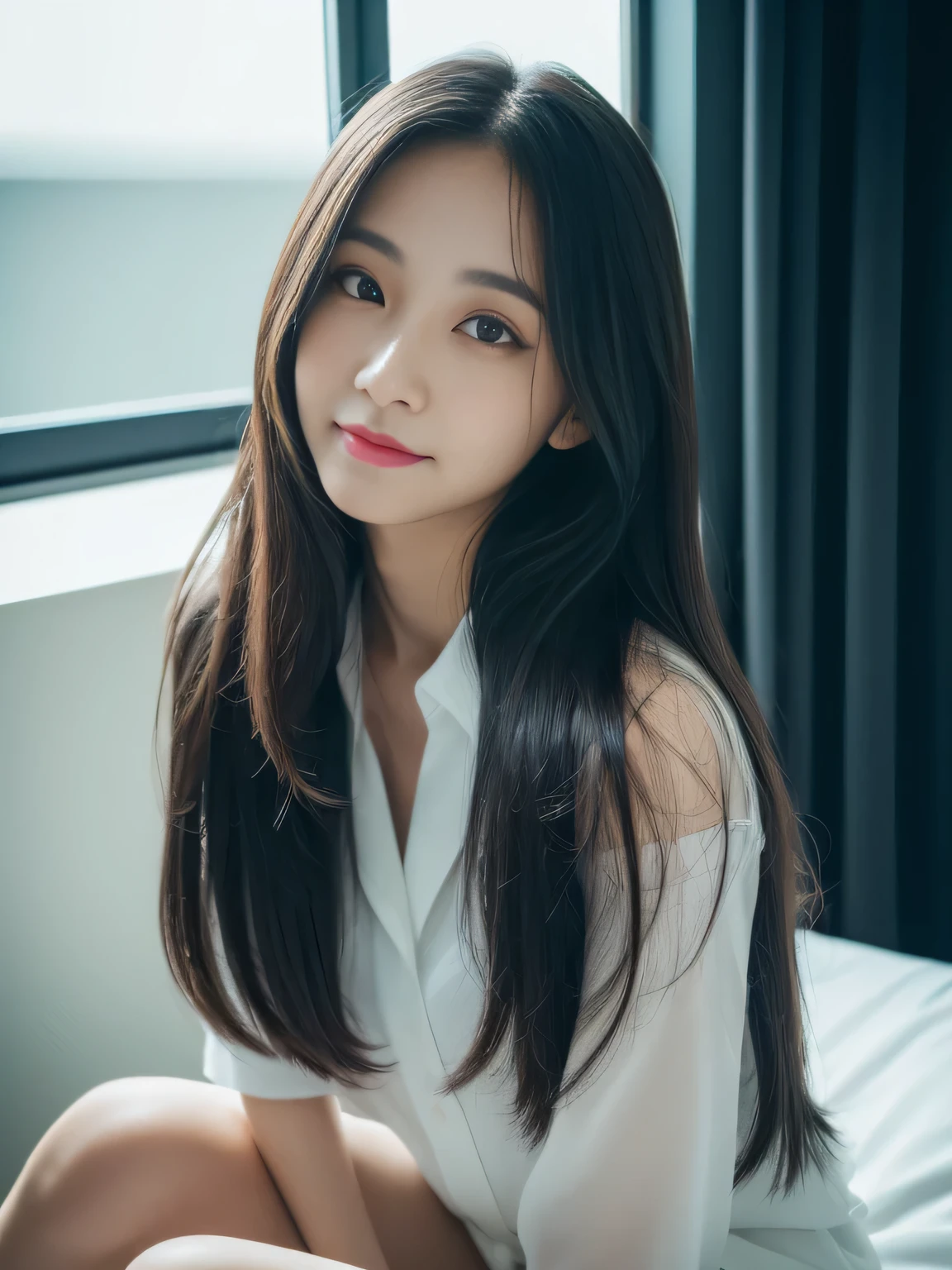 ((top-quality, 8K, masterpiece:1.3)), beautiful Girl, pure, Melon face, gentle and cute, A sweet smile, pure lust, slender figure, (The upper part of the body), (frontage), (tilted head), Look directly at the camera, Uniforms, white shirt, blue skirt, obi, Formal, Black silky long straight hair, long hair flowing over the shoulders, round black big eyes, clear big eyes, Wet red lips, Dolce, sitting on bed, Window sill background, Random body orientation,