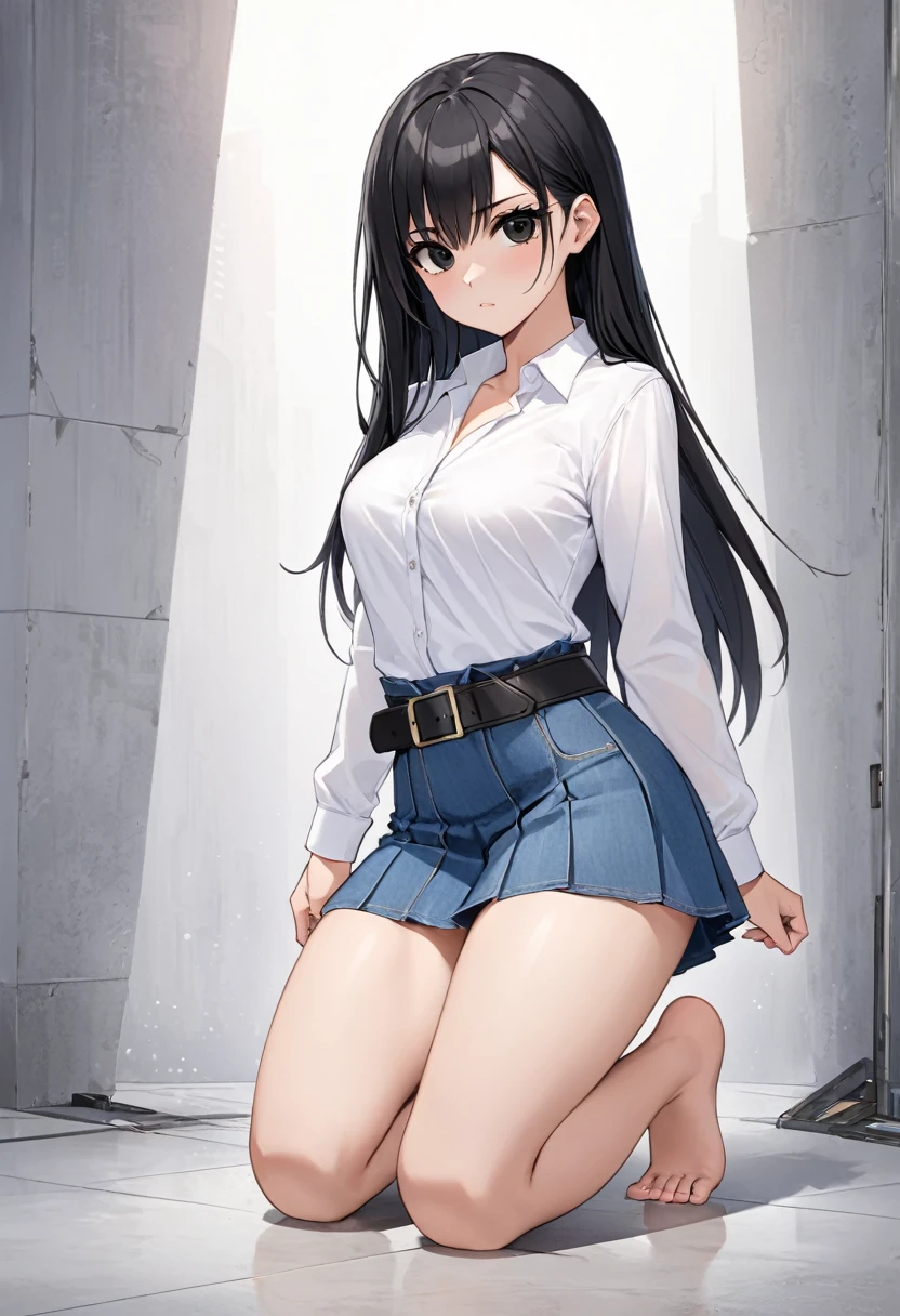 mini skirt , bare foot , white dress shirt , face , denim skirt , assassin , whole body , bare legs ,black hair , black eyes , straight hair , thighs , whole body , pleated skirt , sexy women , long sleeves , waist belt , casual , kneeling