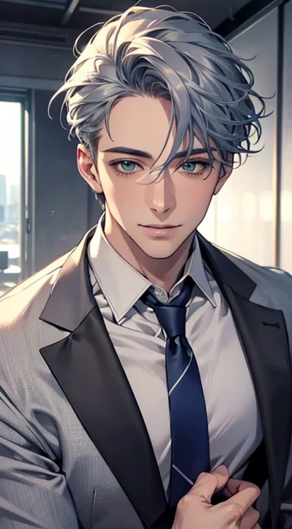 (Highest quality,4K,8K,High resolution,masterpiece:1.2),Super detailed,(Realistic,photoRealistic,photo-Realistic:1.37),1 person,31 years old, Men,Beautiful skin、very handsome,Expressionless smile in love,Short gray blue hair,green eyes,Sharp Eyes,A perfect face without a doubt,Businessman,Office Background,Cinema Lighting,HDR image,tie、