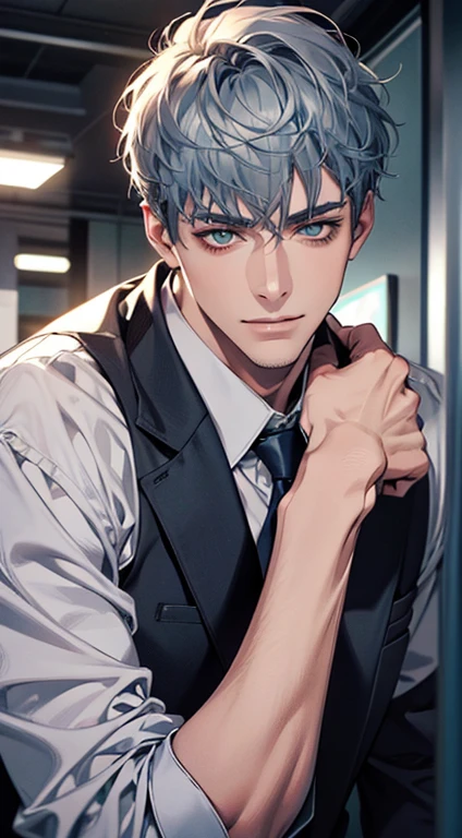 (Highest quality,4K,8K,High resolution,masterpiece:1.2),Super detailed,(Realistic,photoRealistic,photo-Realistic:1.37),1 person,31 years old,Mature Men,Beautiful skin、very handsome,Expressionless smile in love,Short gray blue hair,green eyes,Sharp Eyes,A perfect face without a doubt,Businessman,Office Background,Cinema Lighting,HDR image,tie、