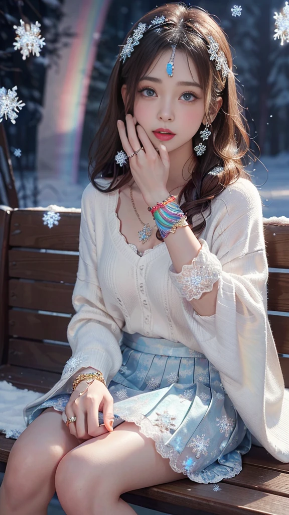 8K, masterpiece, 1 girl, Pretty Face, Very long hair, Light makeup, Delicate eyes, Delicate lips, Small bust, Winter Clothing, Rainbow Skirt, (Wearing Jewelry:1.8), (Rainbow Lace:1.4), ((Snowflakes falling:1.4)), sit,