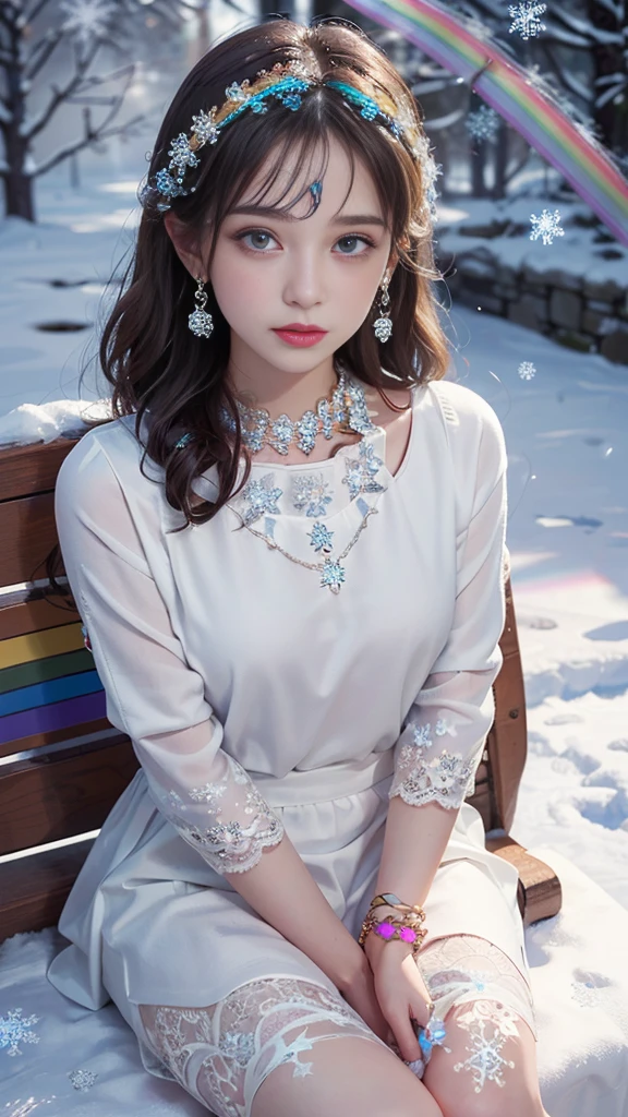 8K, masterpiece, 1 girl, Pretty Face, Very long hair, Light makeup, Delicate eyes, Delicate lips, Small bust, Winter Clothing, Rainbow Skirt, (Wearing Jewelry:1.8), (Rainbow Lace:1.4), ((Snowflakes falling:1.4)), sit,