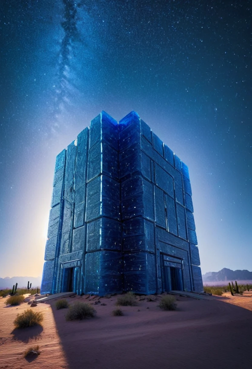 gummiray MASSIVE structure, backlight, Blue shades, starry NIGHT, desert background