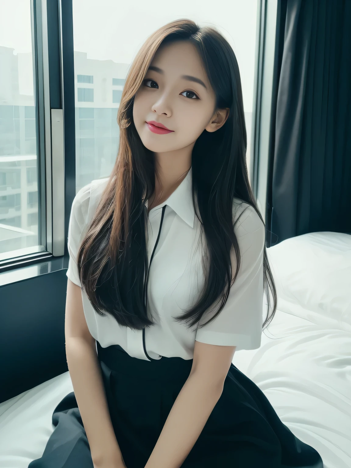 ((top-quality, 8K, ​masterpiece:1.3)), beautiful Girl, pure, Melon face, gentle and cute, A sweet smile, pure lust, slender figure, (The upper part of the body), (frontage), (tilted head), Look directly at the camera, Uniforms, white shirt, blue skirt, obi, Formal, Black silky long straight hair, long hair flowing over the shoulders, round black big eyes, clear big eyes, Wet red lips, Dolce, sitting on bed,  Window sill background, Random body orientation,
