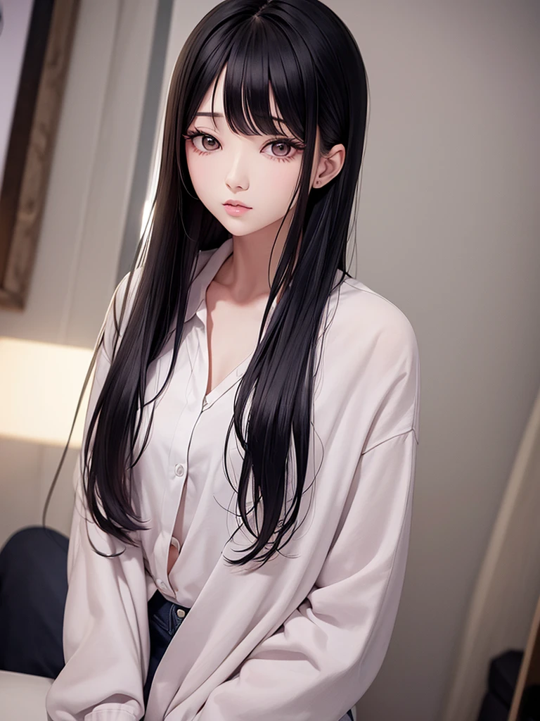 In manhwa art style young adult south Korean woman in her 29 years old. Her hair is long and black color. Her face is oval than it is long, which carry a warm , expressive face. Her skin is radiant and clear, and her thin lips is pink. Small grey color eyes are captivating and misterios. She is wearing a jeans and white buttoned blouse while inside his photographic studio 