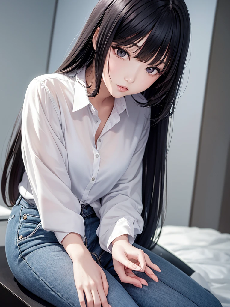 In manhwa art style young adult south Korean woman in her 29 years old. Her hair is long and black color. Her face is oval than it is long, which carry a warm , expressive face. Her skin is radiant and clear, and her thin lips is pink. Small grey color eyes are captivating and misterios. She is wearing a jeans and white buttoned blouse while inside his photographic studio 
