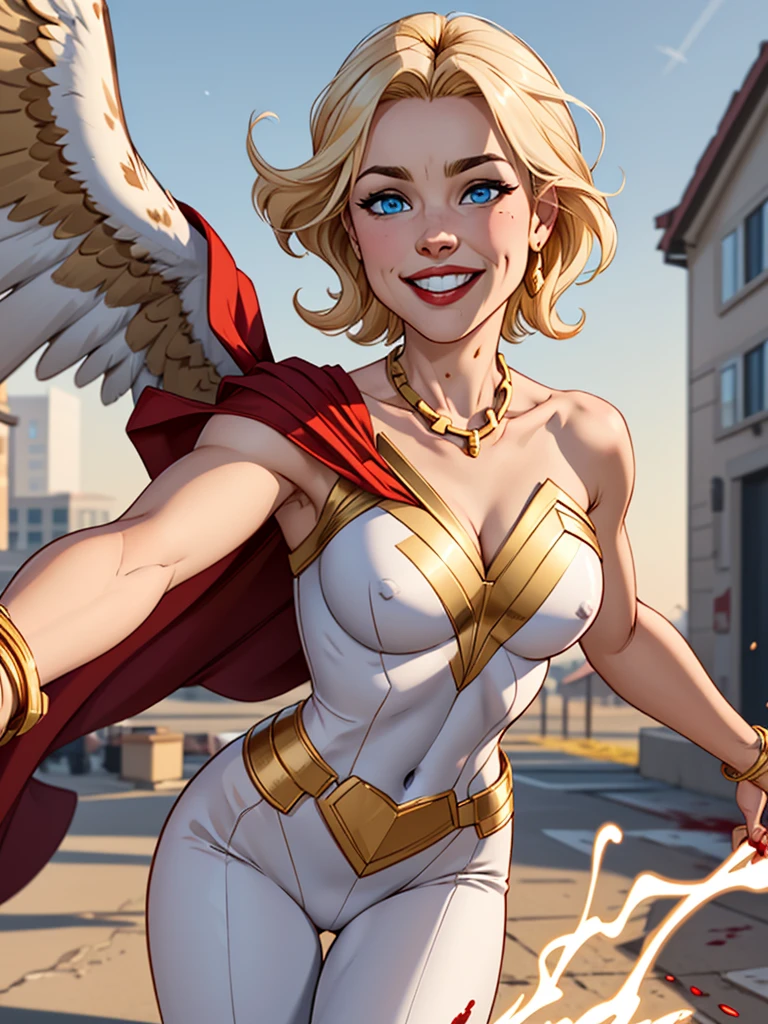 Young female, blonde with short hair, with big, bright blue eyes, wearing a white costume, defined chest, wearing a golden shoulder pad in the shape of an eagle, with a golden chain running across his chest holding a red cape Smiling with blood splash on face and clothes