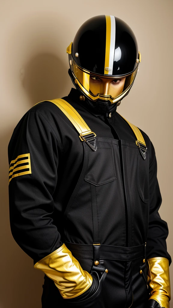 A avatar of a tall man, a misterious racer, stands trusting in a black racing helmet, adorned with gleaming gold accents, paired with sleek black overalls with a gold vertical stripes and vibrant black gloves, striking a right arm lifted up pose, exuding confidence. in a neutral background. High Quality, Realistic (Helmet) (right arm up)