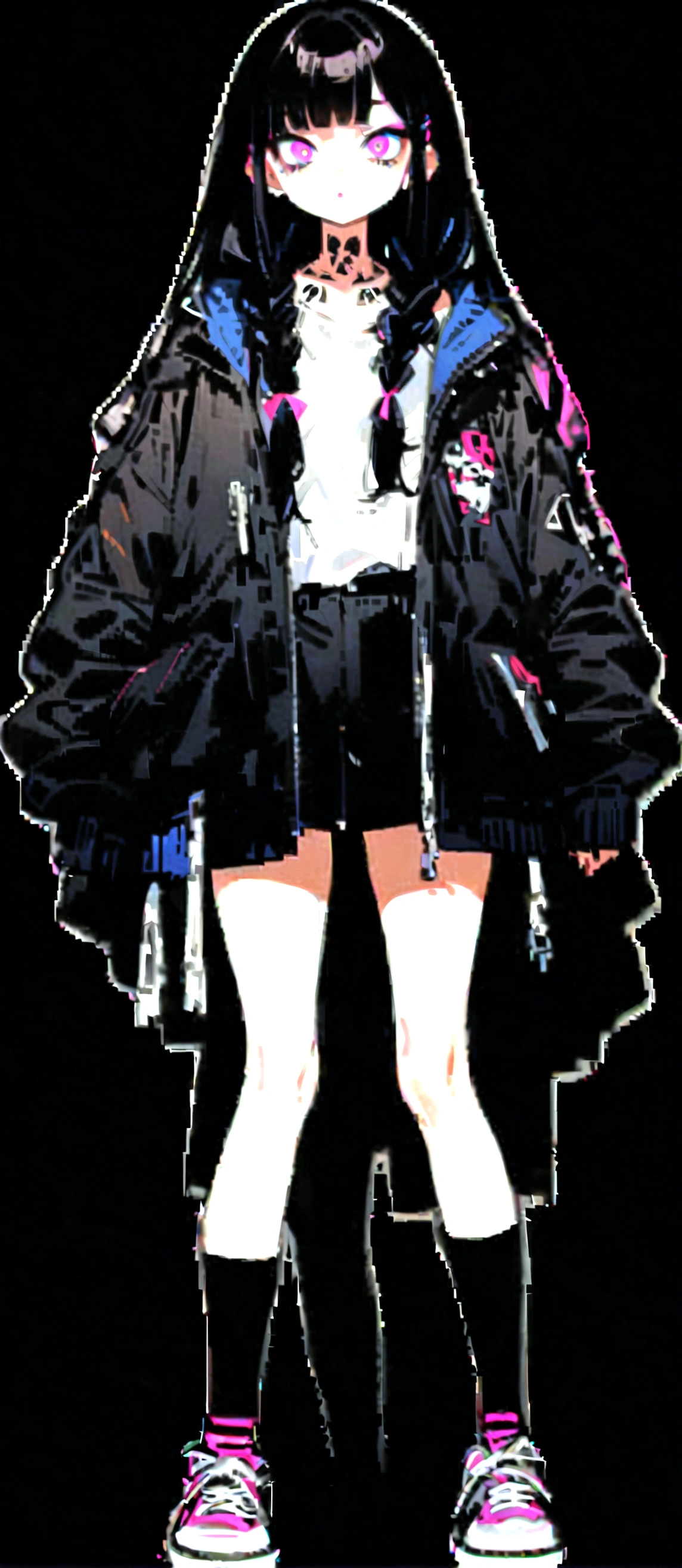 Step Piece, Best Quality, Best Illustration, Ultra-detailed,girl, pinkrose long hair, crazy baddie girl, Cool Black Open Short Jacket, neck tattoo, Messy Fade Cut Hair, Side braided hair,Crazy, standing with an eerie feeling, abandond street graffiti wall background,knee high socks, quirky sneakers, Eyeshadow on the eyes,unusual colored eyes, Eyes of fear, Vivid eyes, cool shot
