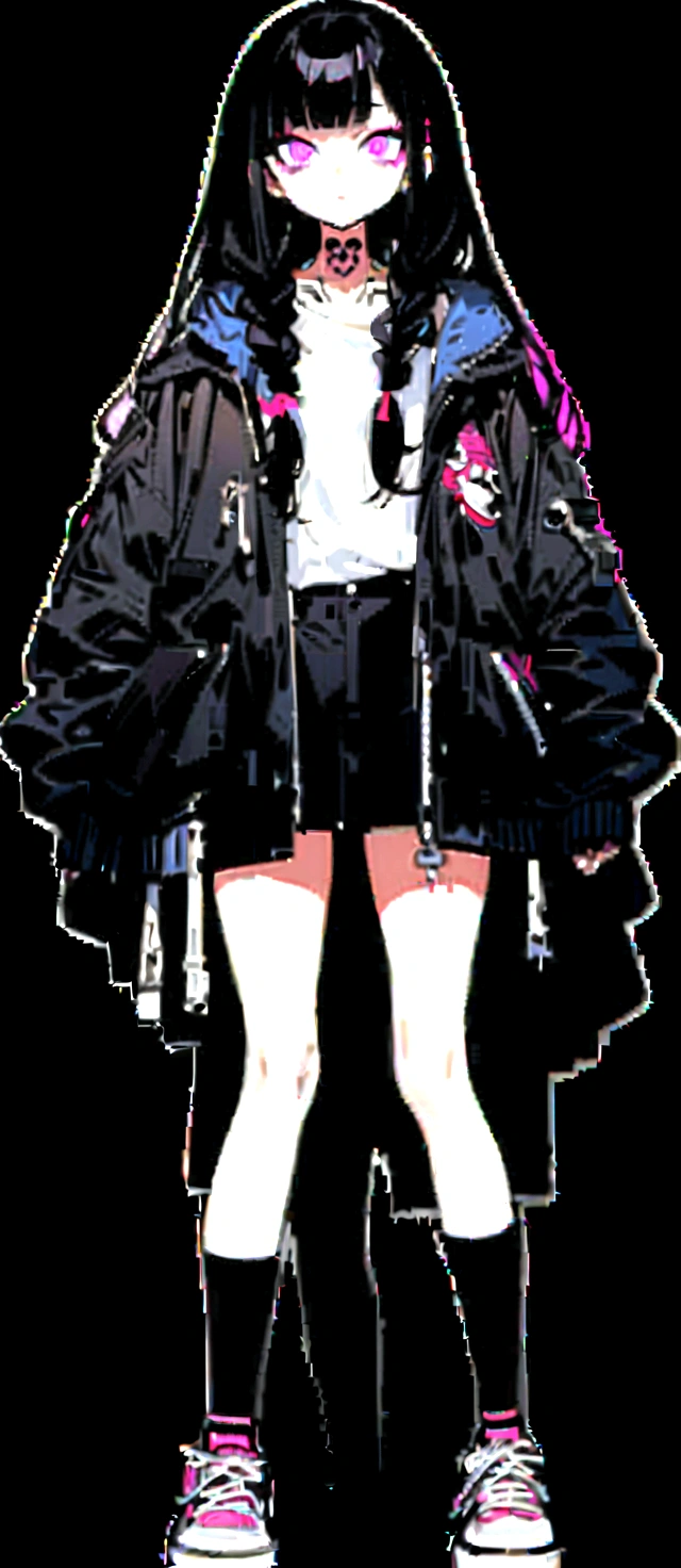 Step Piece, Best Quality, Best Illustration, Ultra-detailed,girl, pinkrose long hair, crazy baddie girl, Cool Black Open Short Jacket, neck tattoo, Messy Fade Cut Hair, Side braided hair,Crazy, standing with an eerie feeling, abandond street graffiti wall background,knee high socks, quirky sneakers, Eyeshadow on the eyes,unusual colored eyes, Eyes of fear, Vivid eyes, cool shot