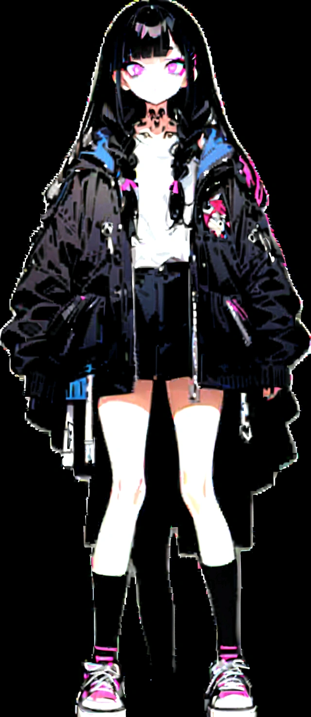 Step Piece, Best Quality, Best Illustration, Ultra-detailed,girl, pinkrose long hair, crazy baddie girl, Cool Black Open Short Jacket, neck tattoo, Messy Fade Cut Hair, Side braided hair,Crazy, standing with an eerie feeling, abandond street graffiti wall background,knee high socks, quirky sneakers, Eyeshadow on the eyes,unusual colored eyes, Eyes of fear, Vivid eyes, cool shot