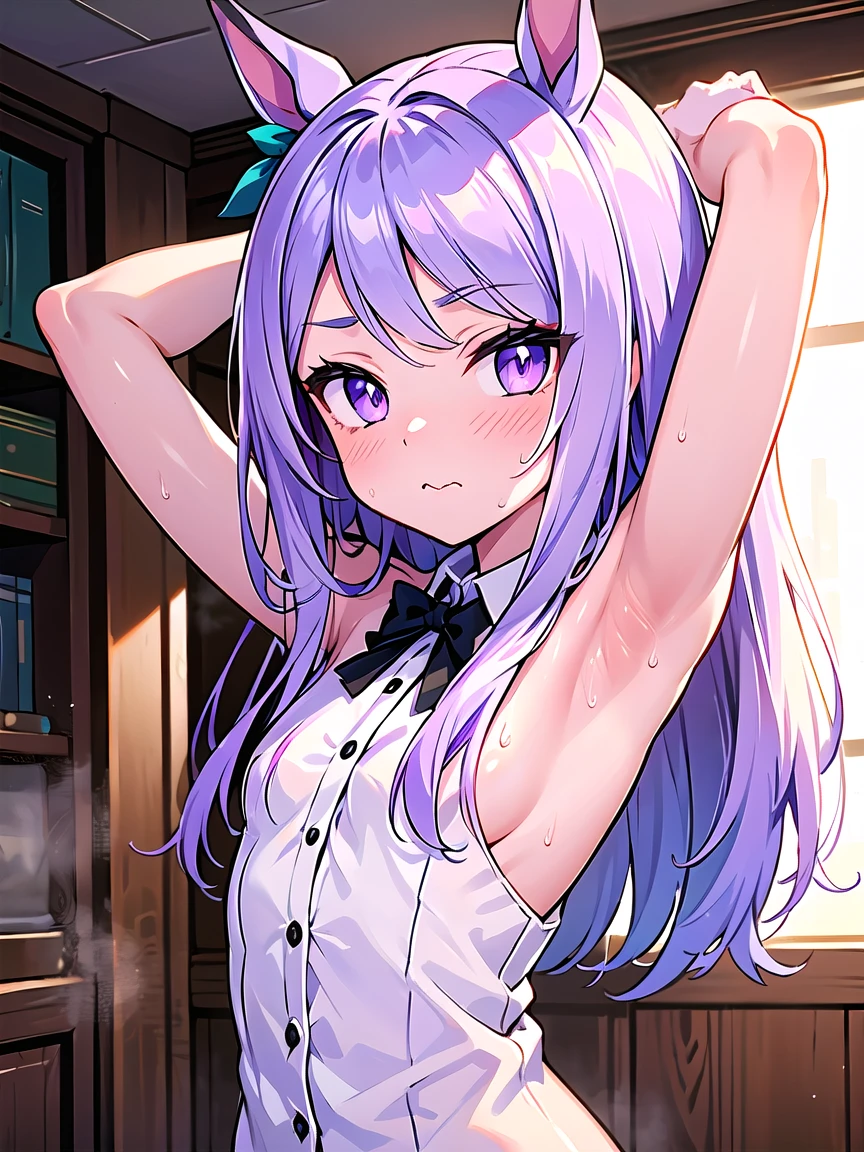((masterpiece,best quality)),high resolution,ultra detailed,8k,16k,detailed background, perfect lighting,detailed beautiful eyes,1girl,nsfw,embarrassed,blush,look at viewer,(from front),fisheye lens,(steam,sweat:1.2),confused,(nude,arms up,show off armpits,upper body:1.4),naughty face,wavy mouth ,MejiroMcQueen,purple eyes,light purple hair,short body,pale skin,small breast,house,(flat anime style),long hair,skinny,city,white shirt,black jacket,black skirt,horse ear