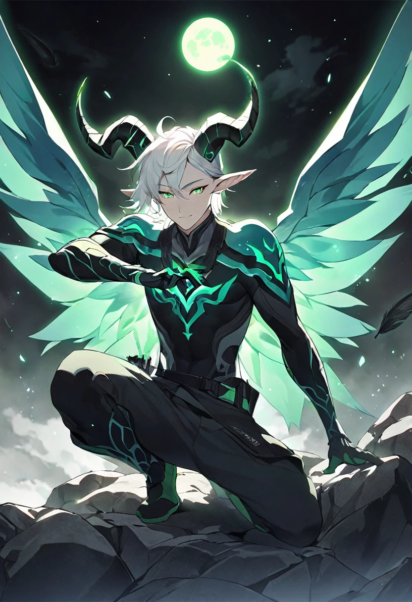 image of a male character kneeling on a rock under the full moon. The character has white hair, glowing green eyes, and large blue wings. He is wearing dark, form-fitting combat-style clothing. Modify the character to have pointed ears and curved horns, adding a mystical or demonic touch. Small feathers are floating around, emphasizing his likely celestial or magical origin