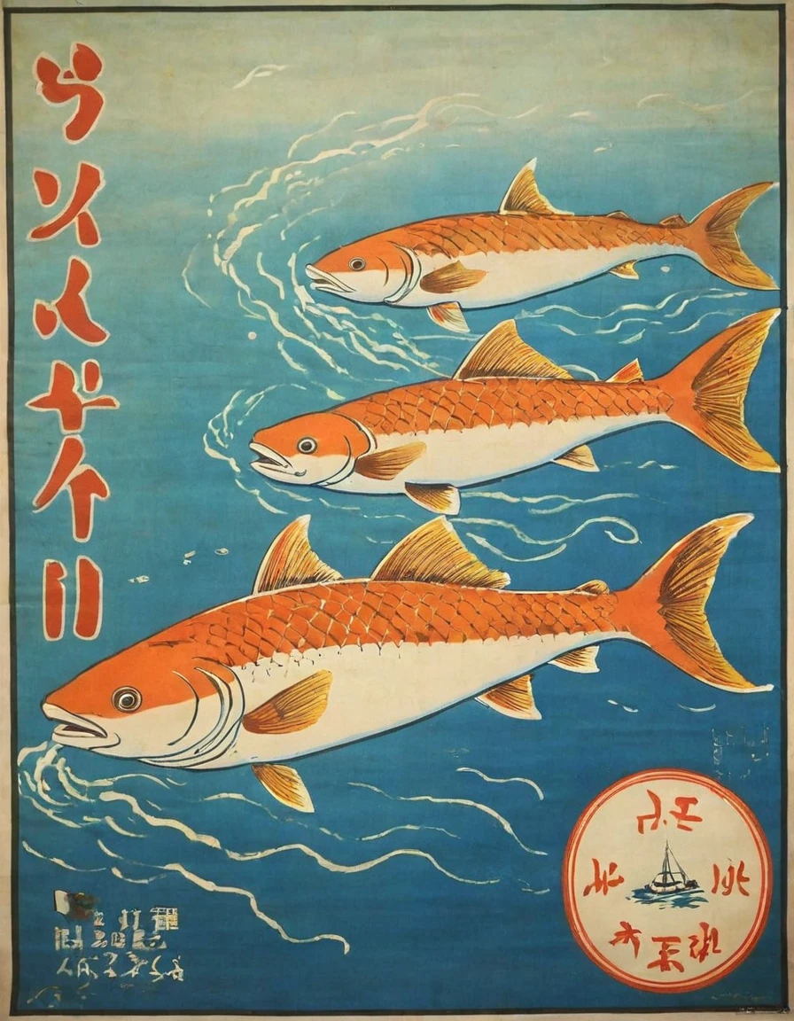 (((1920s Japanese poster)))),3 fish,Swimming in the sea