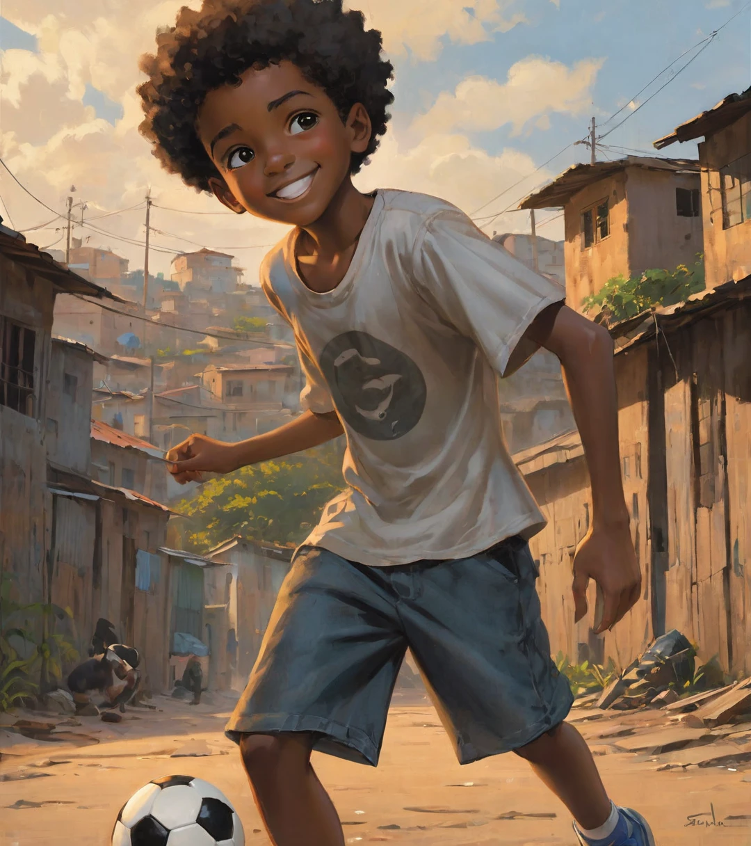 A poor Afro-Brazilian boy in a favela in Porto Alegre Rio Grande do Sul Brazil drawn by Todd McFarlane and Greg Capullo, he is wearing old and torn clothes, he is shotting a soccer ball and playing with the ball with your dog, a soccer field in the background, Robert Downey Jr Reference., engine unreal, octane rendering, por Jacob Lawrence e Francis Picabia, perfect composition, beautiful detailed intricate insanely detailed octane rendering trending on artstation, 8k art photography, photorrealistic concept art, soft natural volumetric cinematic perfect light, Bright dark, rewarded photography, work of art, oil on canvas, rafael, caravaggio, Greg Rutkowski, beetle, Beksinski, giger, beautiful perfect face with perfect face, a smile on your face with two large central incisors, the detail, highy detailed, photo realist