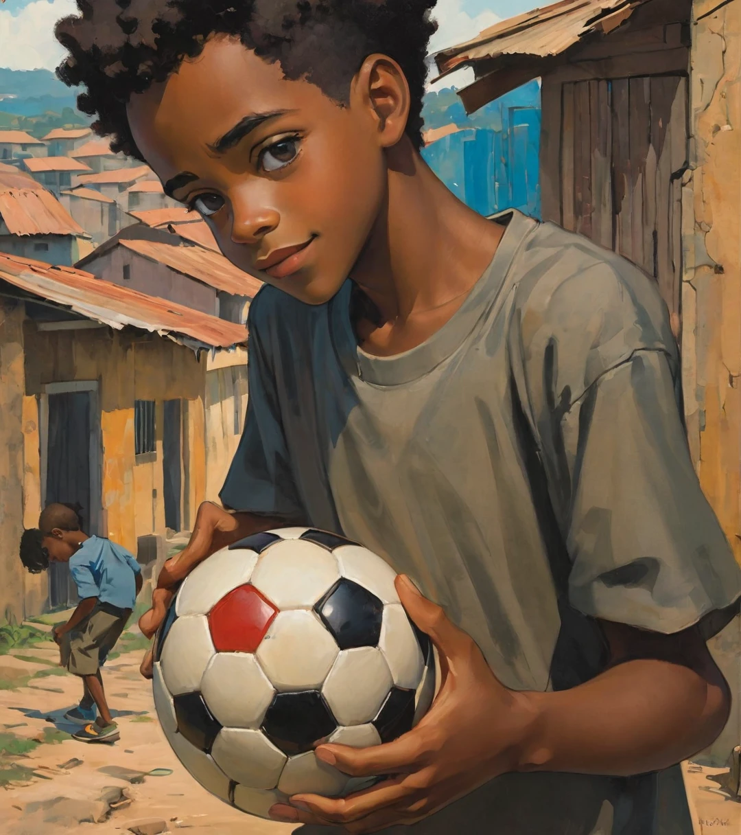 A poor Afro-Brazilian boy in a favela in Porto Alegre Rio Grande do Sul Brazil drawn by Todd McFarlane and Greg Capullo, he is wearing old and torn clothes, he is shotting a soccer ball and playing with the ball with your dog, a soccer field in the background, Robert Downey Jr Reference., engine unreal, octane rendering, por Jacob Lawrence e Francis Picabia, perfect composition, beautiful detailed intricate insanely detailed octane rendering trending on artstation, 8k art photography, photorrealistic concept art, soft natural volumetric cinematic perfect light, Bright dark, rewarded photography, work of art, oil on canvas, rafael, caravaggio, Greg Rutkowski, beetle, Beksinski, giger, beautiful perfect face with perfect face, a smile on your face with two large central incisors, the detail, highy detailed, photo realist