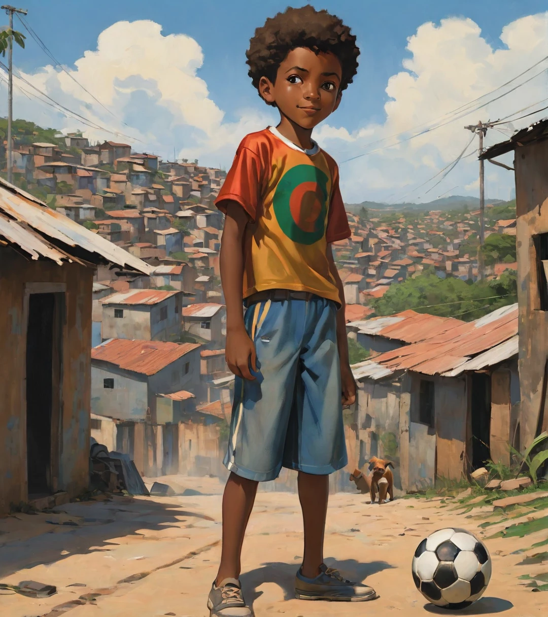 A poor Afro-Brazilian boy in a favela in Porto Alegre Rio Grande do Sul Brazil drawn by Todd McFarlane and Greg Capullo, he is wearing old and torn clothes, he is shotting a soccer ball and playing with the ball with your dog, a soccer field in the background, Robert Downey Jr Reference., engine unreal, octane rendering, por Jacob Lawrence e Francis Picabia, perfect composition, beautiful detailed intricate insanely detailed octane rendering trending on artstation, 8k art photography, photorrealistic concept art, soft natural volumetric cinematic perfect light, Bright dark, rewarded photography, work of art, oil on canvas, rafael, caravaggio, Greg Rutkowski, beetle, Beksinski, giger, beautiful perfect face with perfect face, a smile on your face with two large central incisors, the detail, highy detailed, photo realist