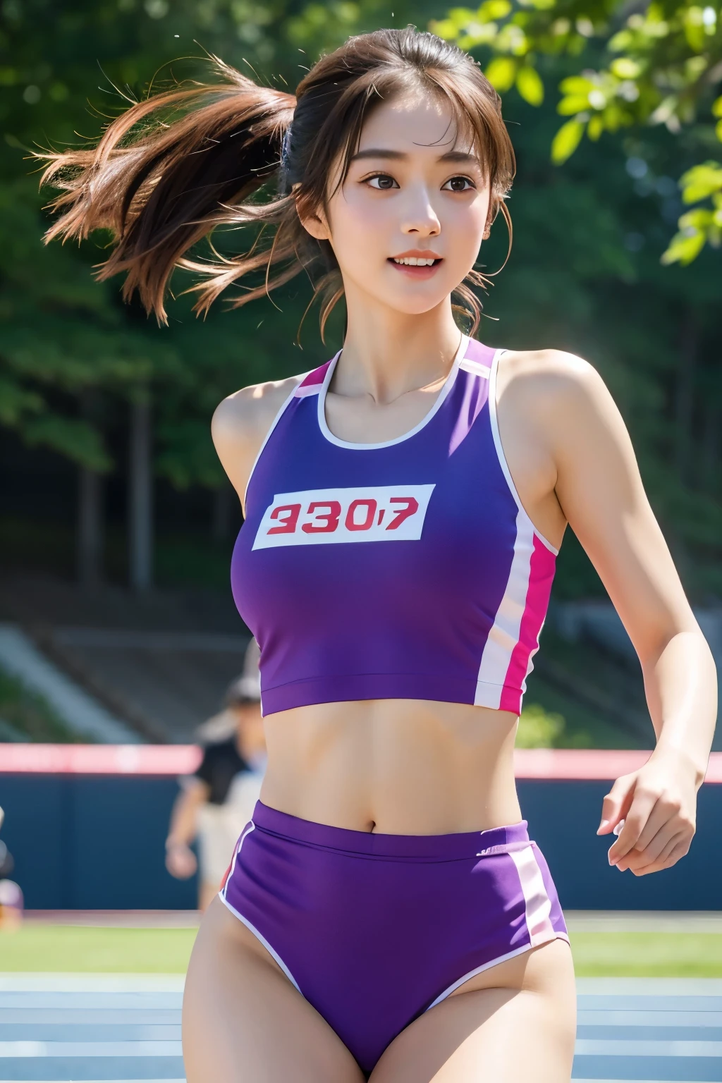 Araffe Asian Woman In Purple Sports Bra Top And Purple Shorts Seaart Ai