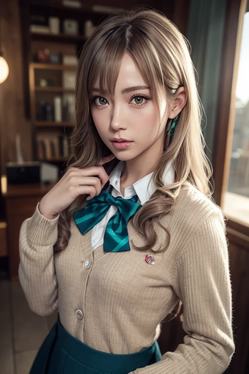 (realistic, photo-realistic:1.37),(8k, RAW photo, best quality, masterpiece:1.2), extremely fine detailed, ultra-detailed, physically-based rendering, ultra high res, kodakvision color, shot on Arricam LT Camera, bokeh, sharp focus, looking at viewer, photorealistic, realistic, solo, photorealistic, best quality, extremely detailed face, extremely detailed eyes and face, beautiful detailed eyes and hair, cuticle, absurdres, incredibly absurdres, floating hair,perfect body,1lady,japanese cute lady,24years old,gal,dark-skin,blonde hair,inwardly curled hair,makeup,hair,green eyes,small breast,blazer,long sleeve,collared shirt,skirt,bow tie,school,