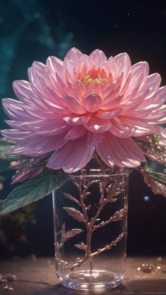 crystal blossom flower,Dahlia Fantasy, Milky Way, transparent, 
shiny, shiny, wonderful, rich and colorful, 
Magical pictures, Dramatic Lighting, Photorealism, Very detailed, 4K, Writing border depth, high resolution